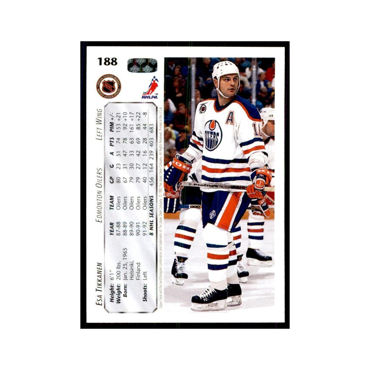 1992 Upper Deck Esa Tikkanen Hockey Cards #188