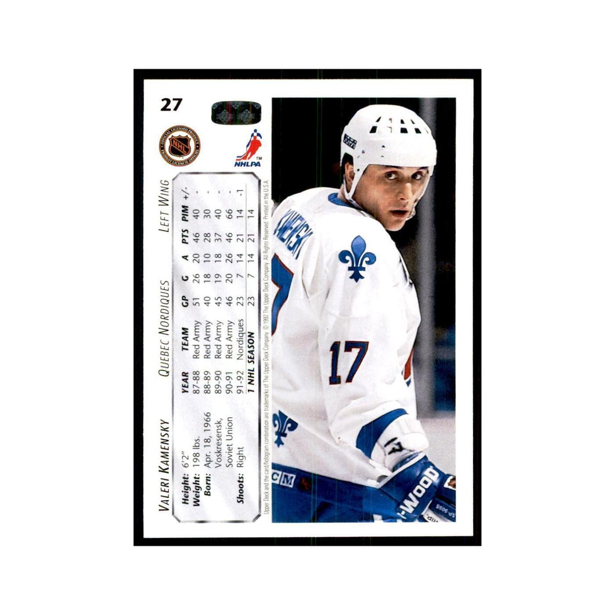 1992 Upper Deck Valeri Kamensky Hockey Cards #27