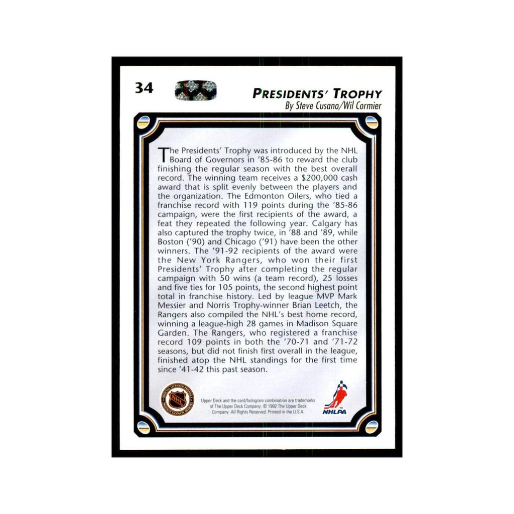 1992 Upper Deck Presidents Trophy Hockey Cards #34