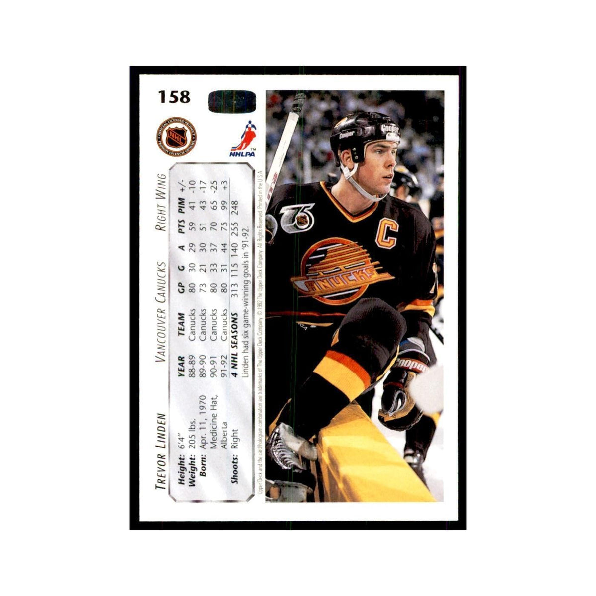 1992 Upper Deck Trevor Linden Hockey Cards #158