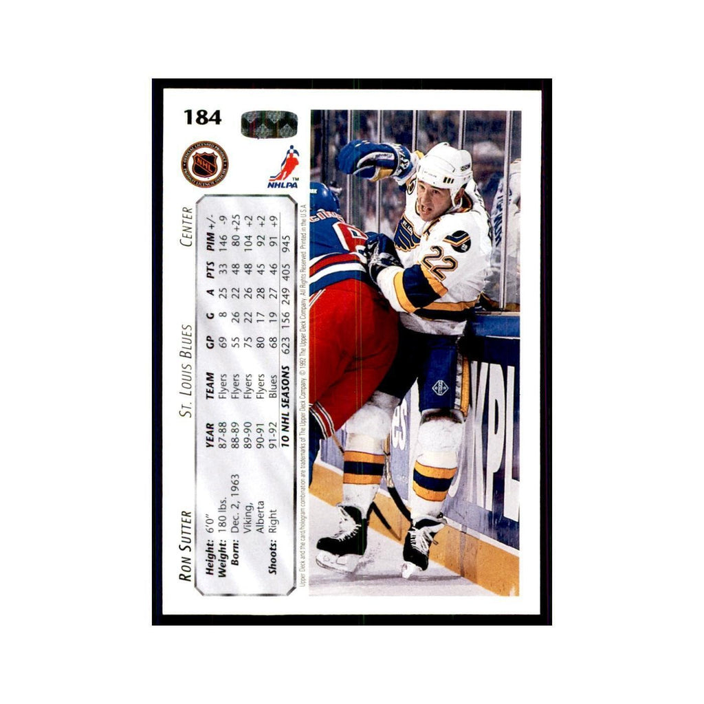 1992 Upper Deck Ron Sutter Hockey Cards #184