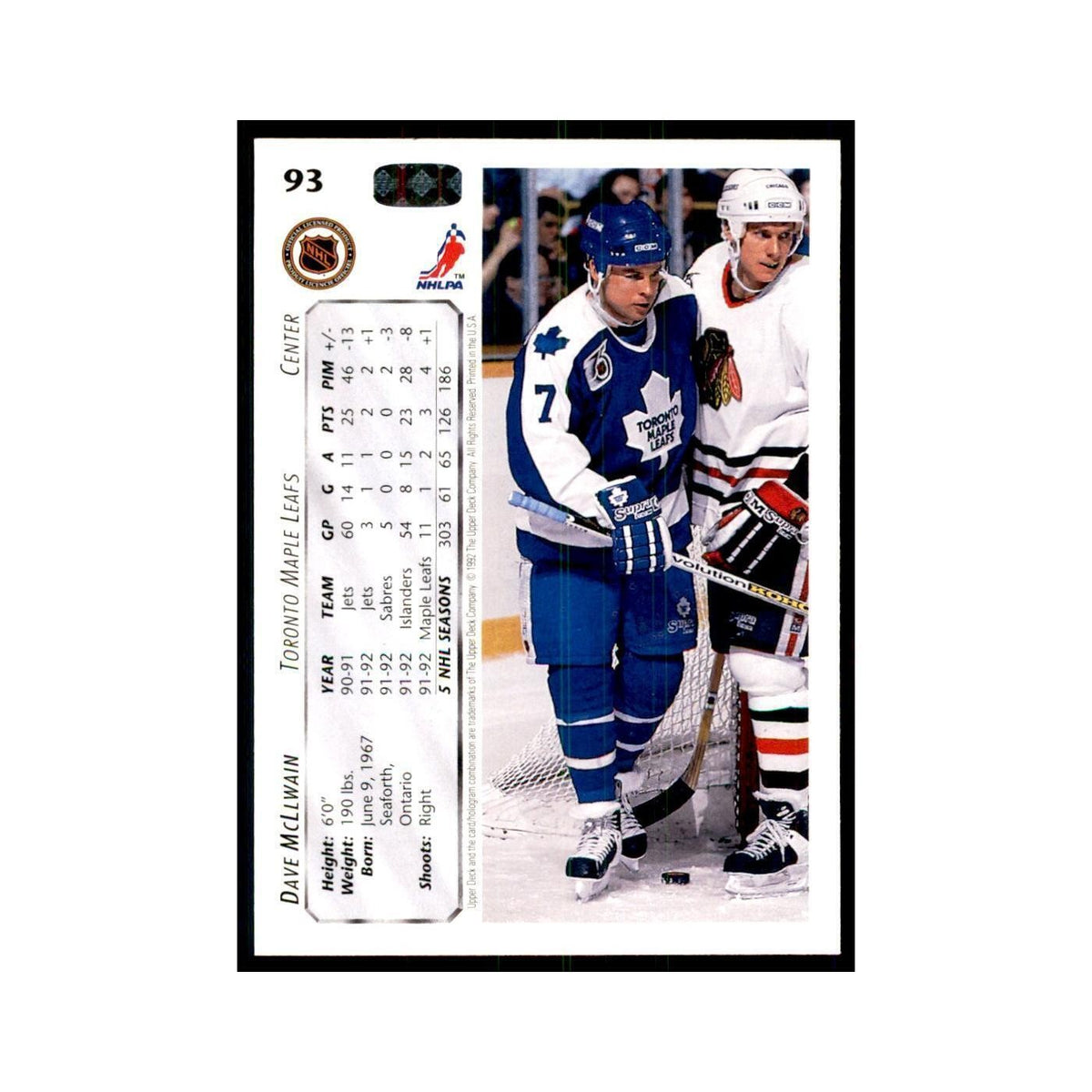1992 Upper Deck Dave McLlwain Hockey Cards #93