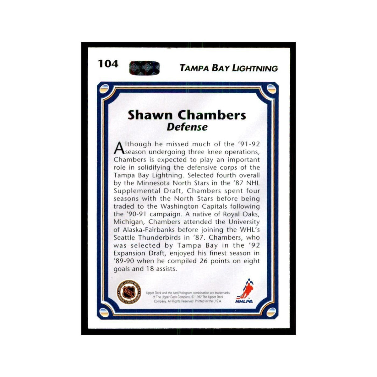 1992 Upper Deck Shawn Chambers Hockey Cards #104
