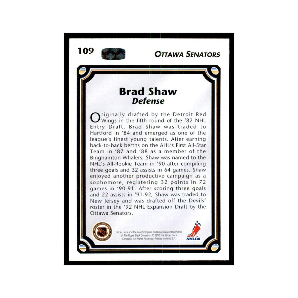 1992 Upper Deck Brad Shaw Hockey Cards #109