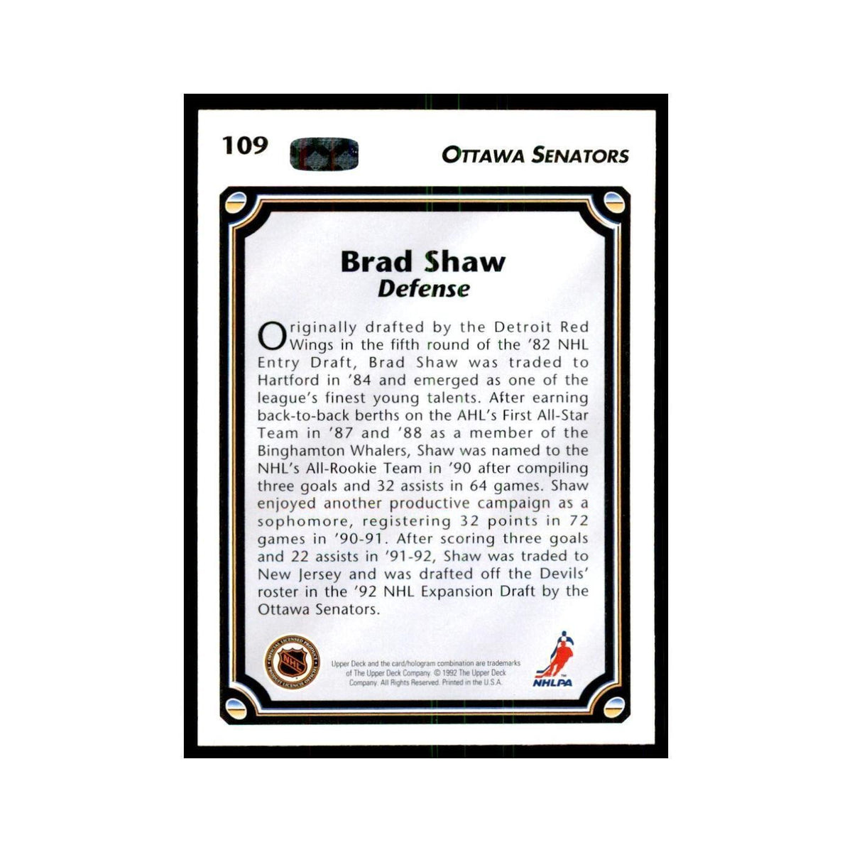 1992 Upper Deck Brad Shaw Hockey Cards #109