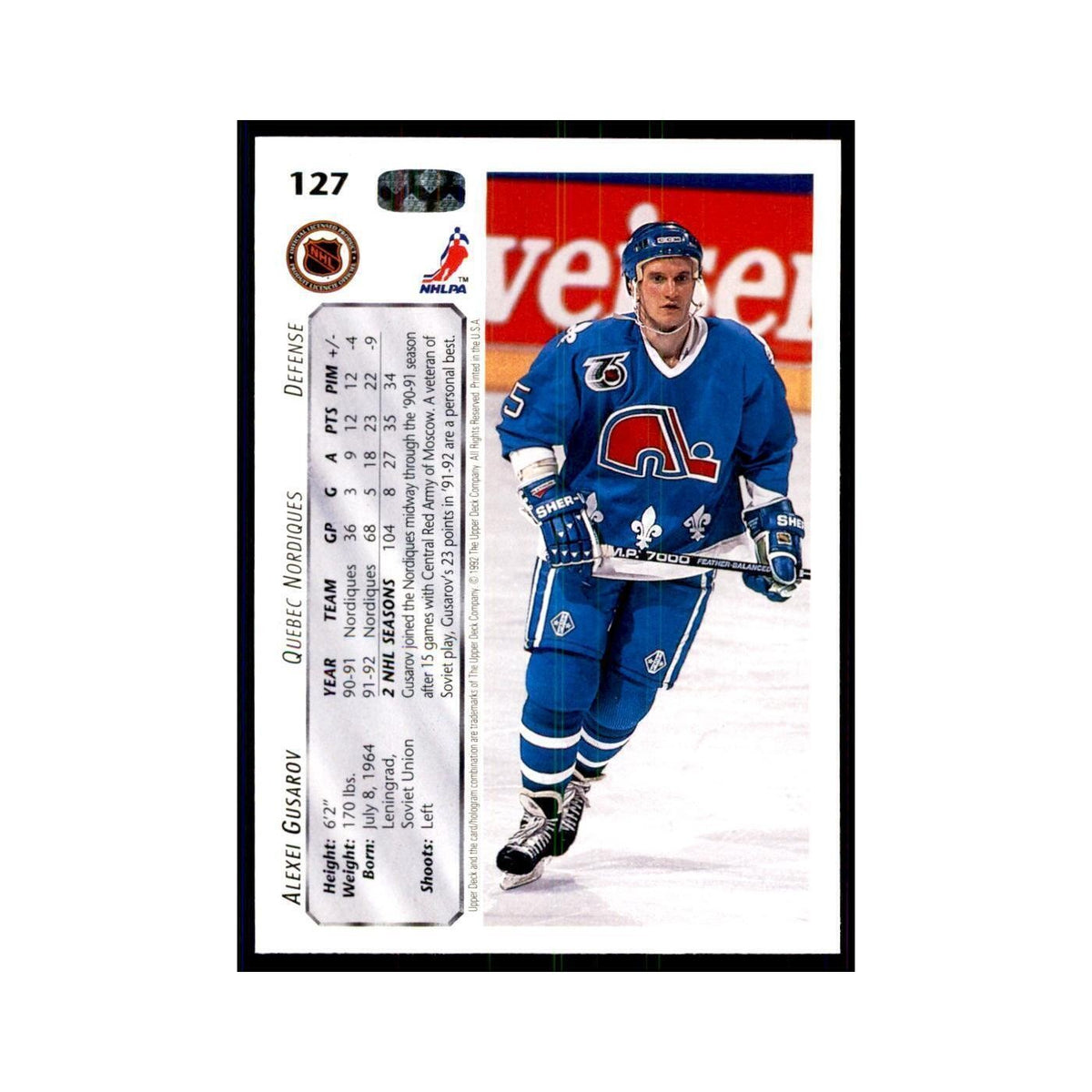 1992 Upper Deck Alexei Gusarov Hockey Cards #127