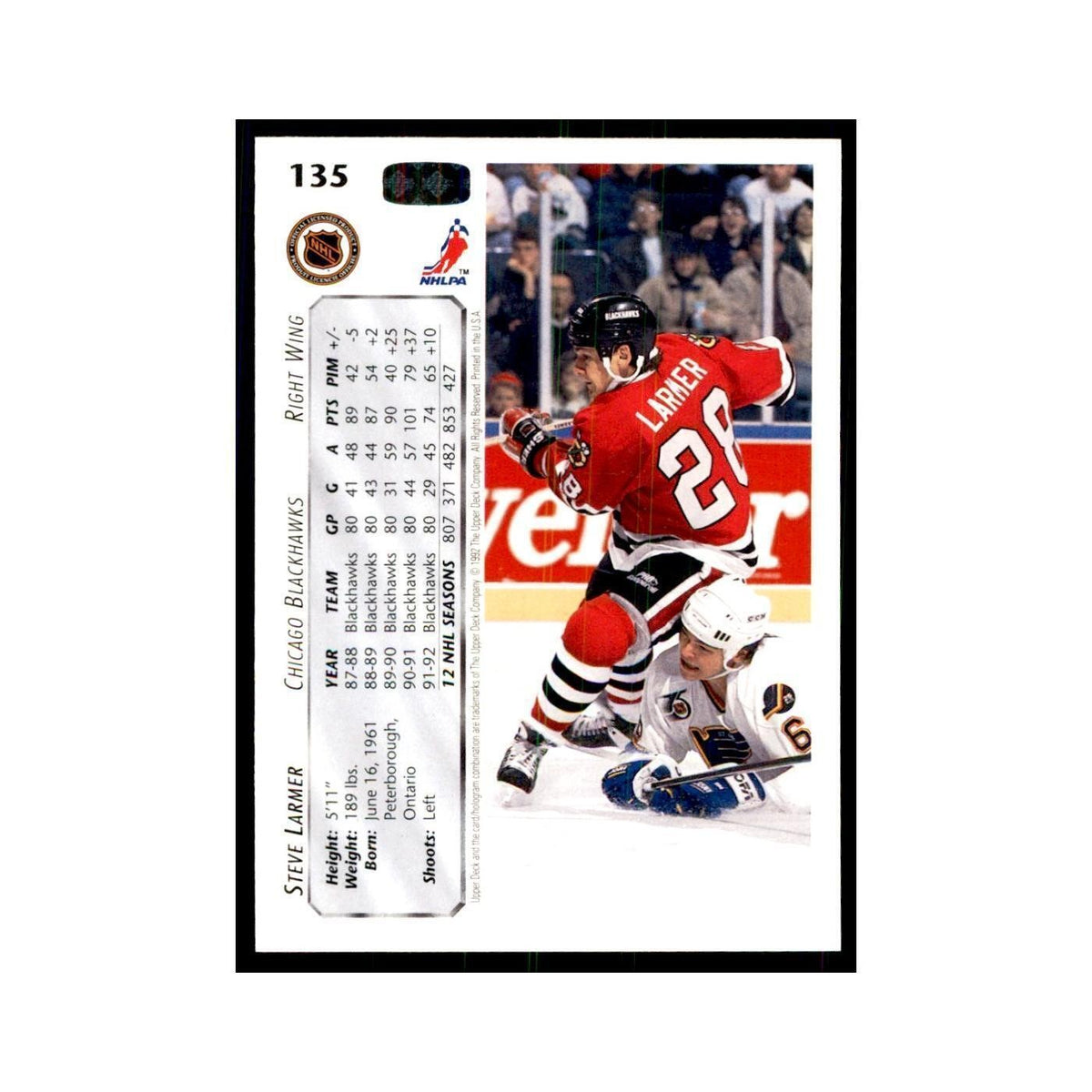 1992 Upper Deck Steve Larmer Hockey Cards #135