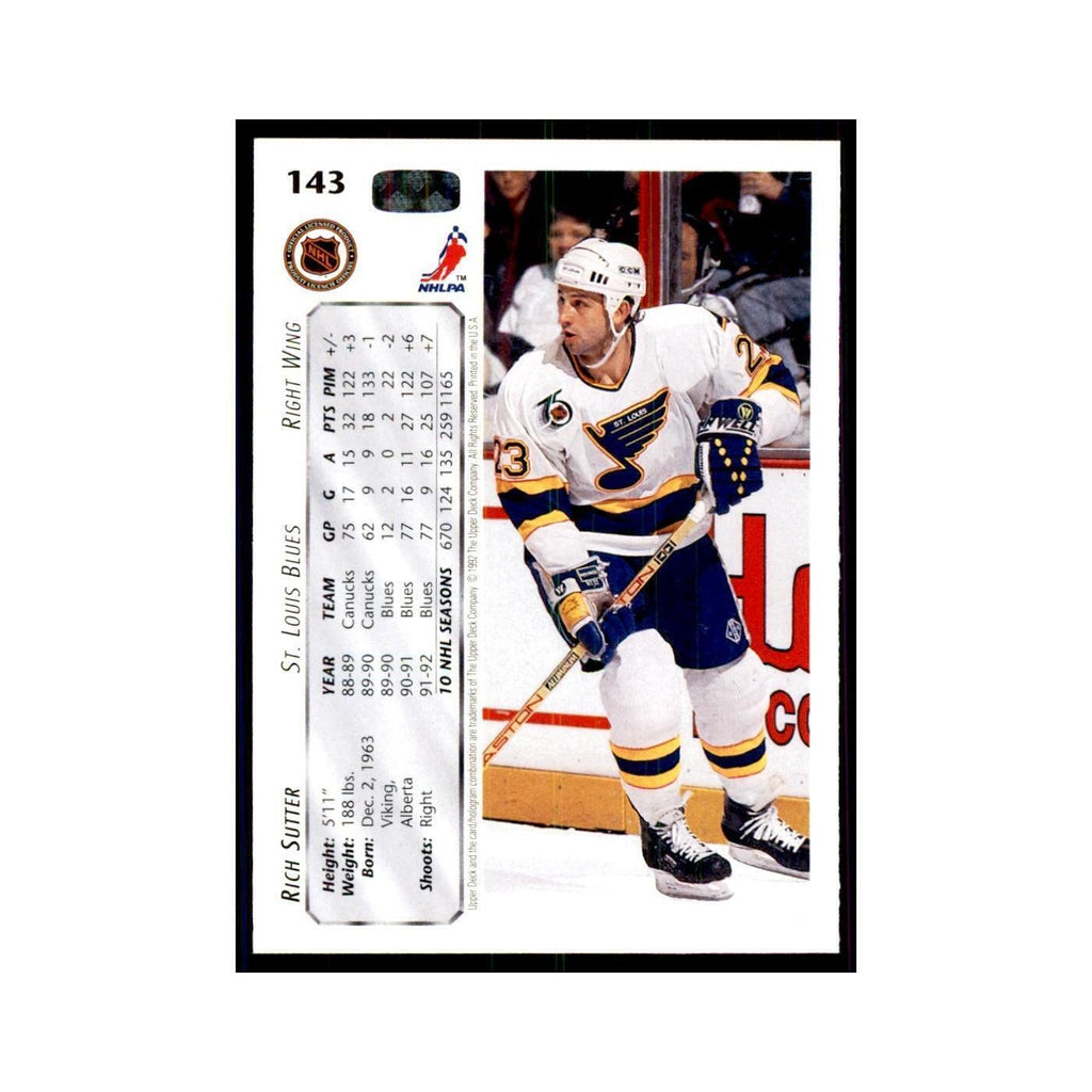 1992 Upper Deck Rich Sutter Hockey Cards #143