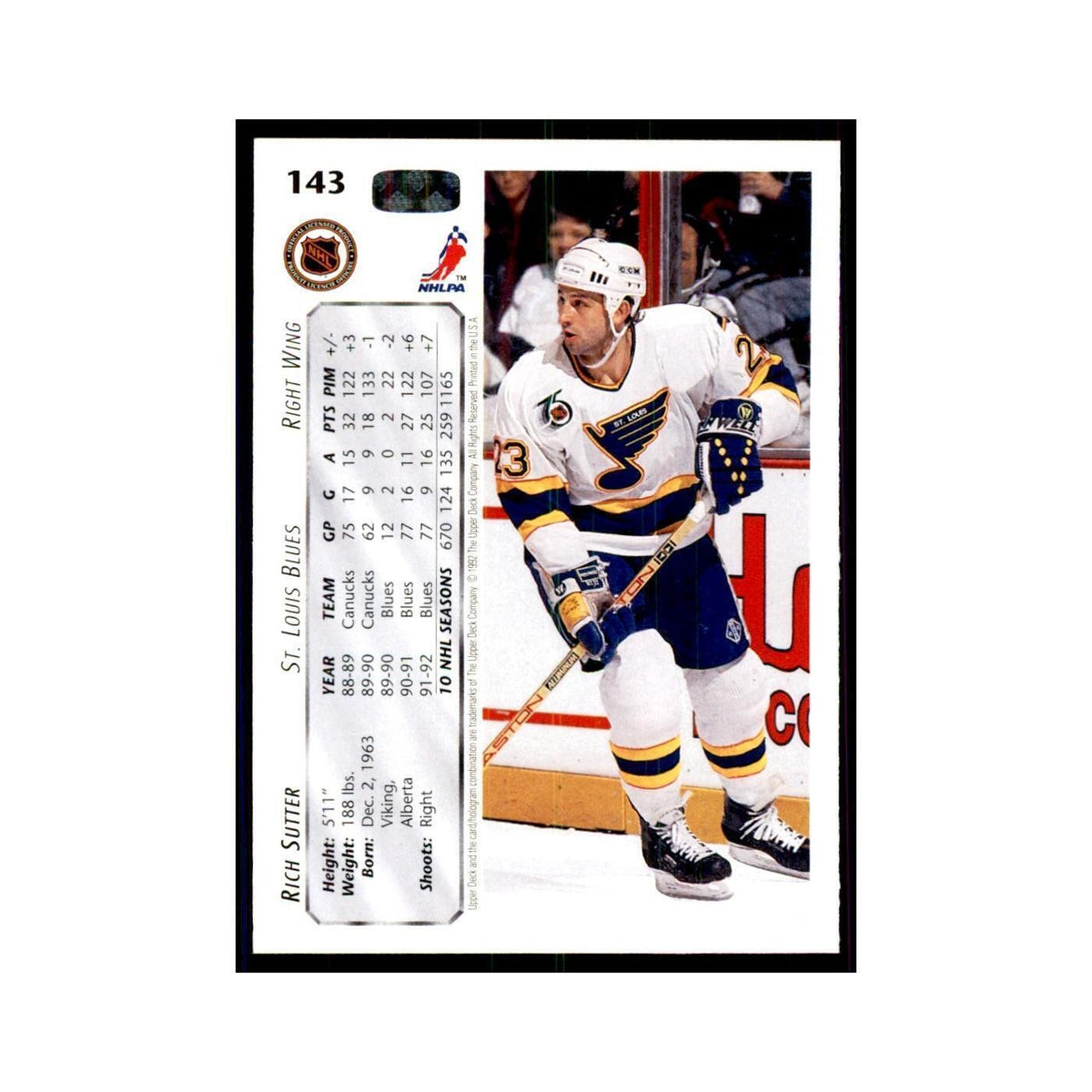 1992 Upper Deck Rich Sutter Hockey Cards #143