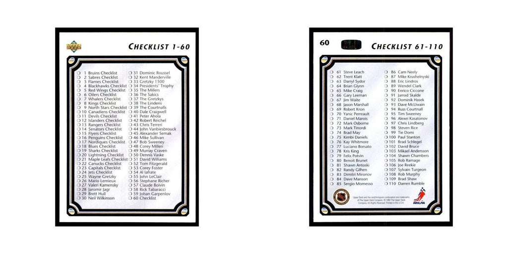 1992 Upper Deck Checklist 1-110 Hockey Cards #60