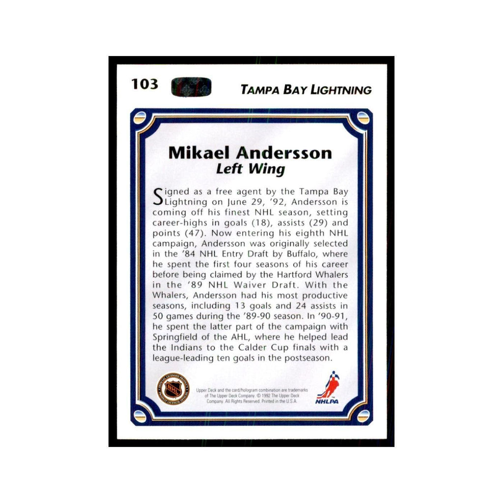 1992 Upper Deck Mikael Andersson Hockey Cards #103