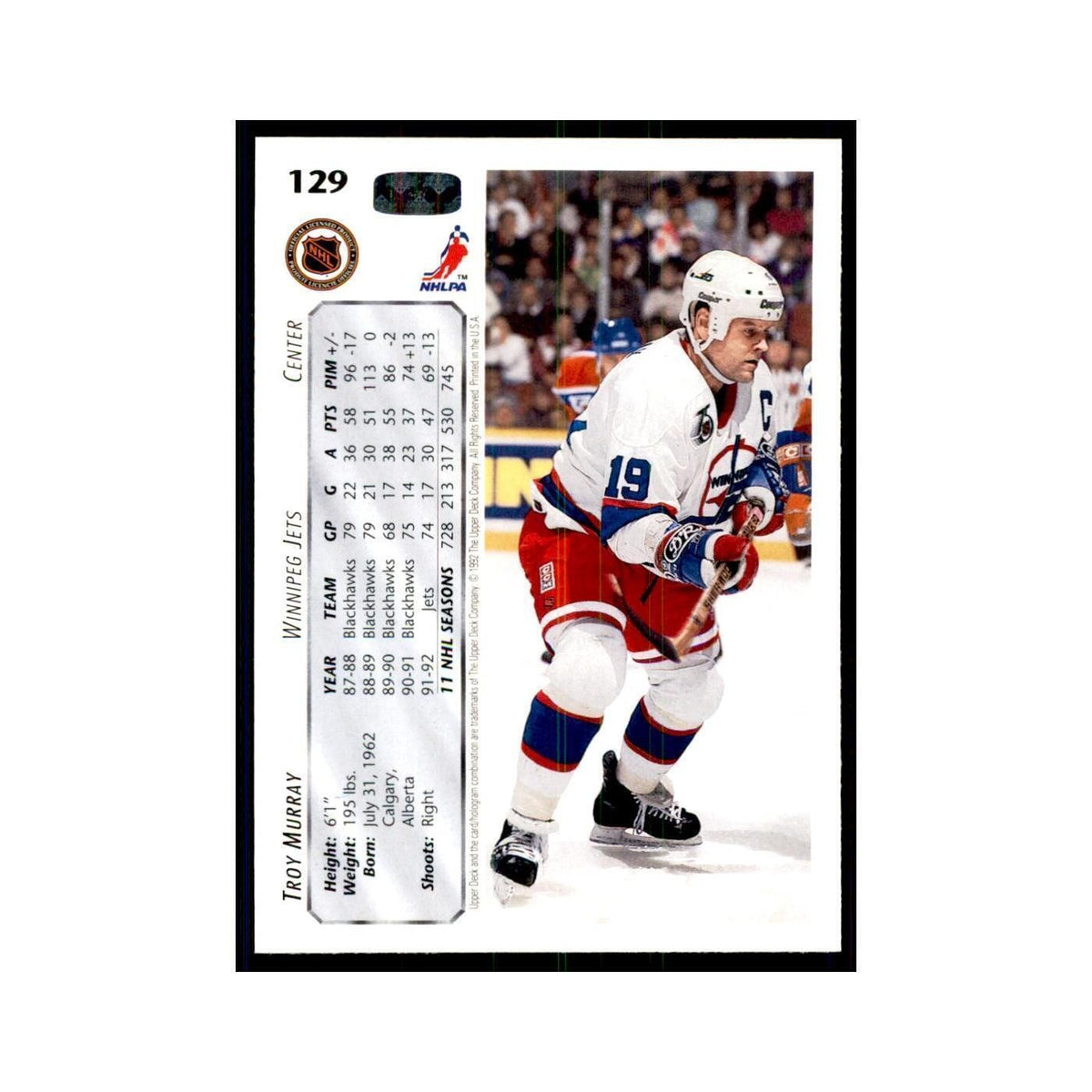 1992 Upper Deck Troy Murray Hockey Cards #129