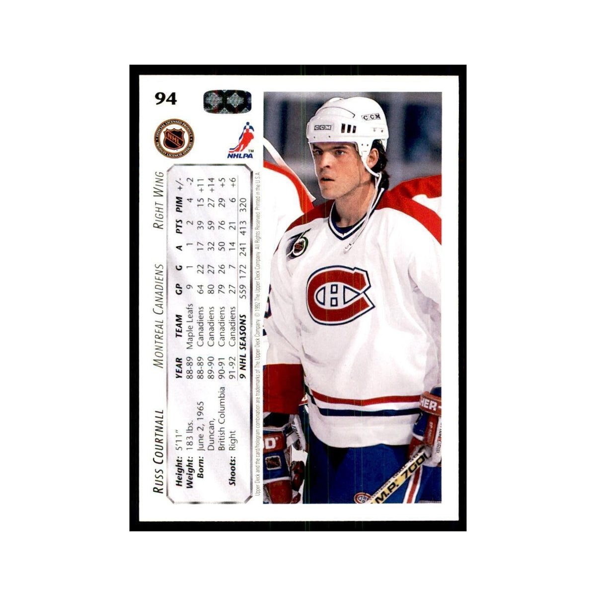 1992 Upper Deck Russ Courtnall Hockey Cards #94