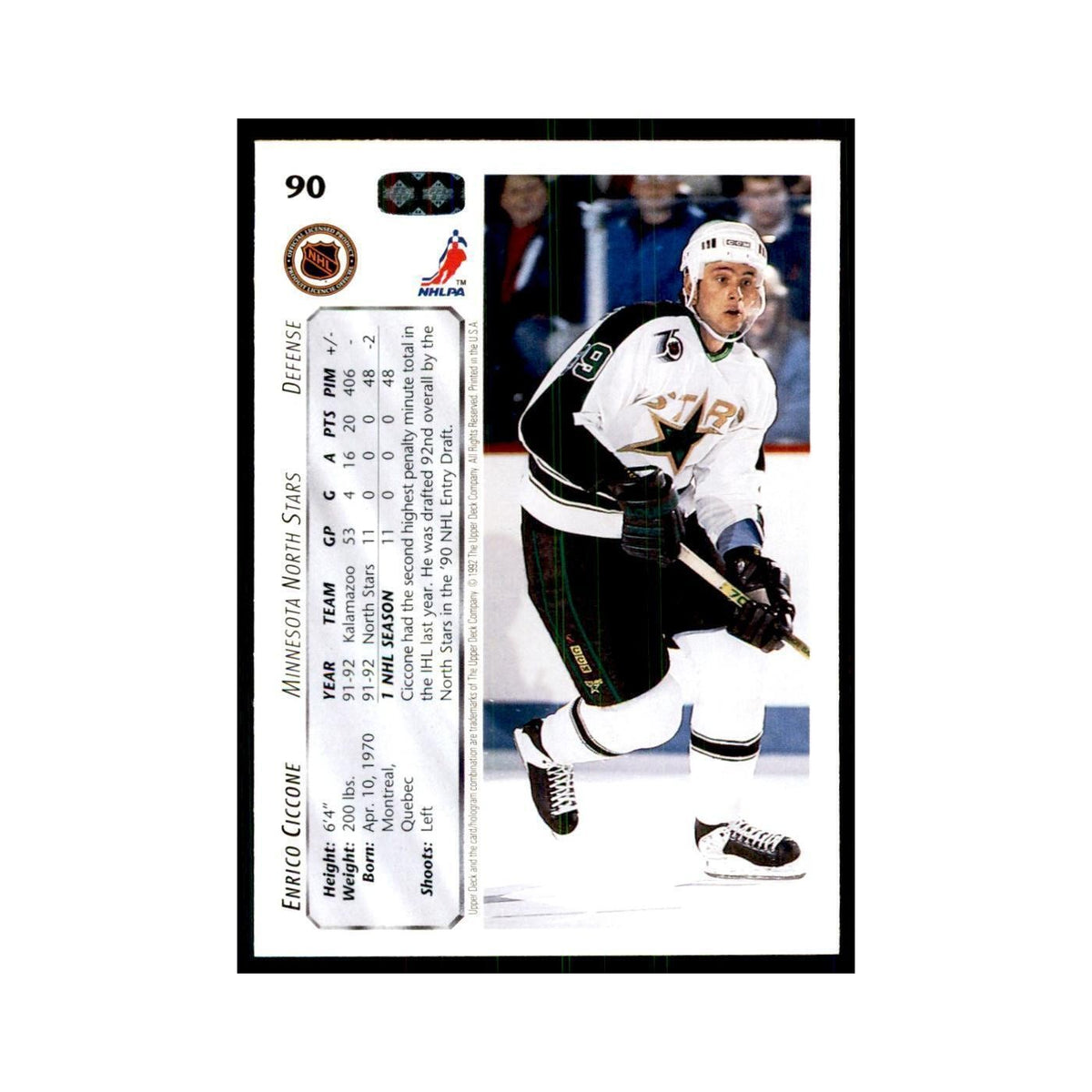 1992 Upper Deck Enrico Ciccone Hockey Cards #90