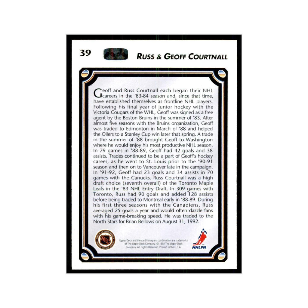 1992 Upper Deck Russ Courtnall/Geoff Courtnall Hockey Cards #39
