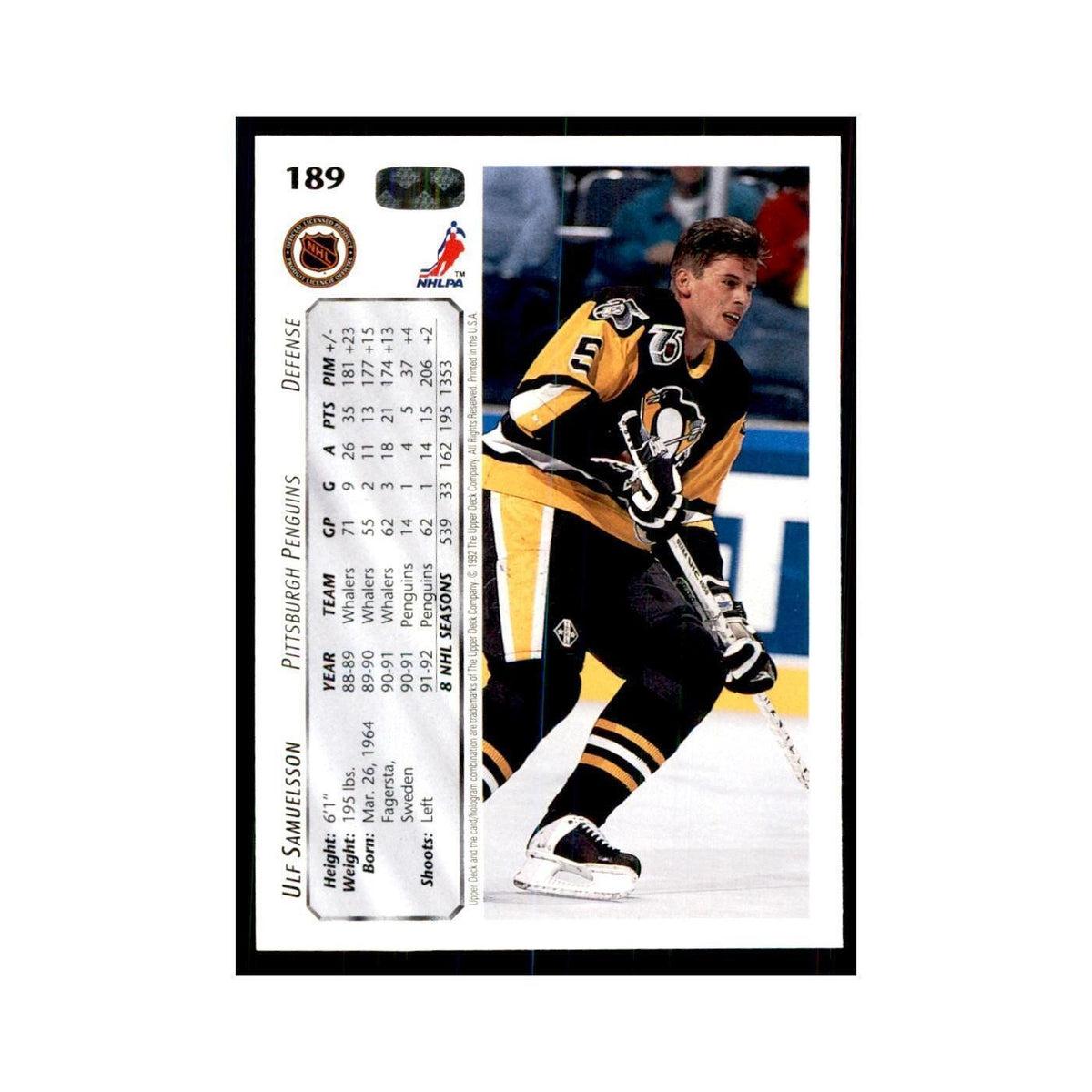 1992 Upper Deck Ulf Samuelsson Hockey Cards #189