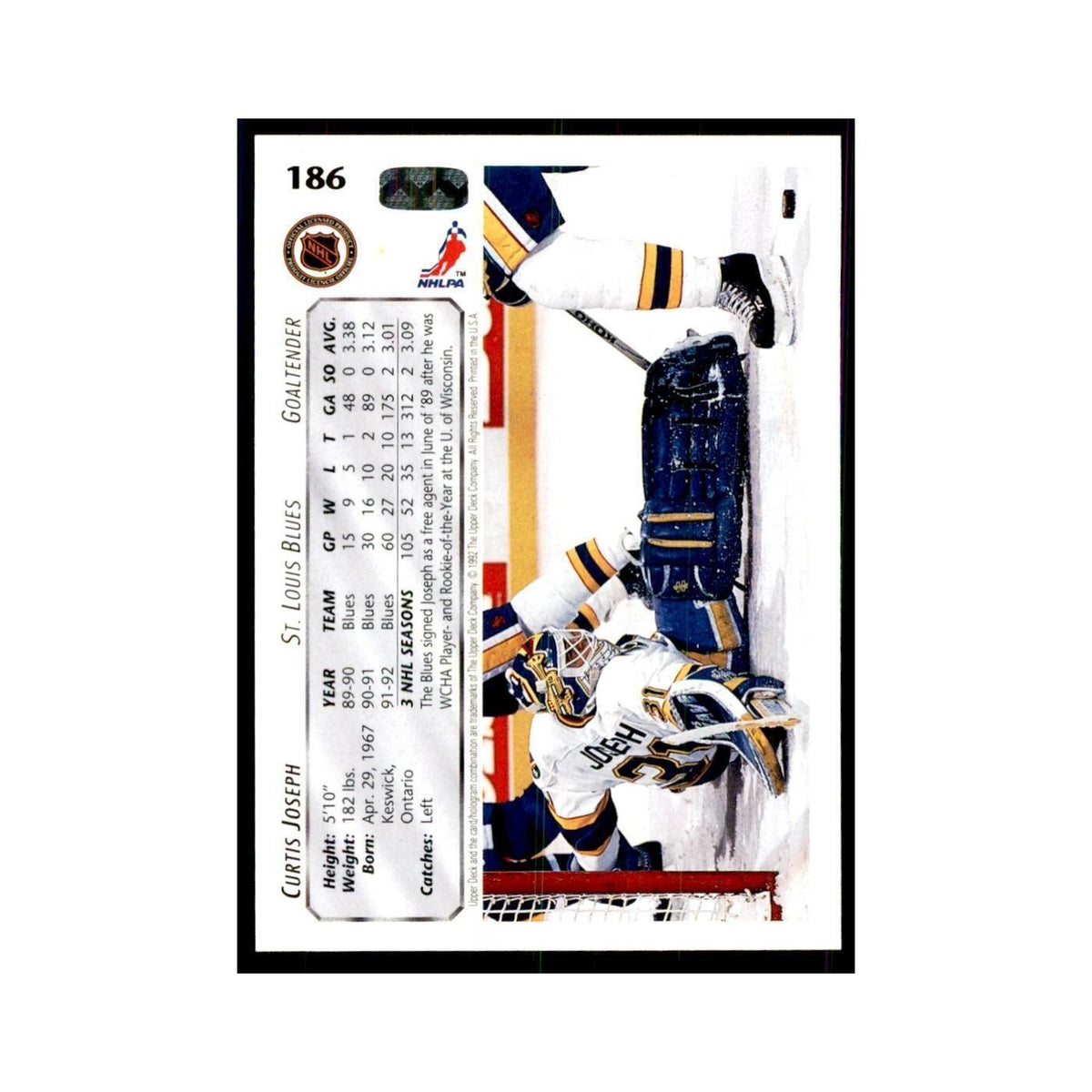 1992 Upper Deck Curtis Joseph Hockey Cards #186