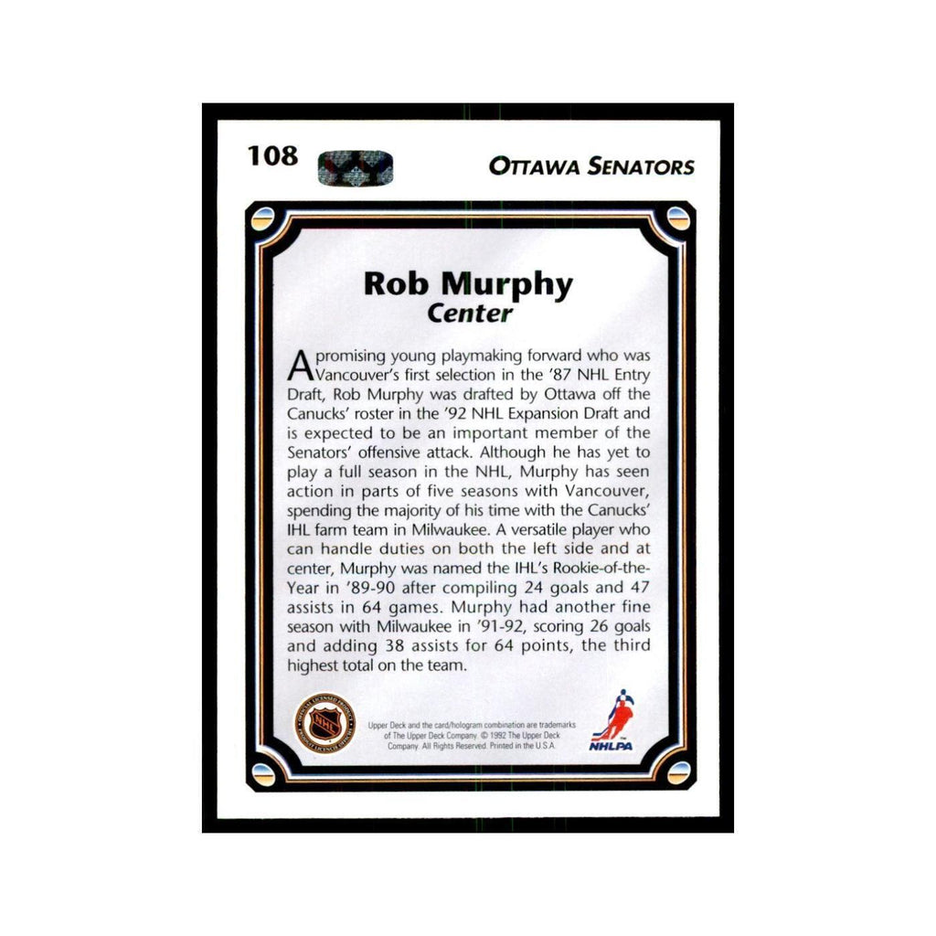 1992 Upper Deck Rob Murphy Hockey Cards #108