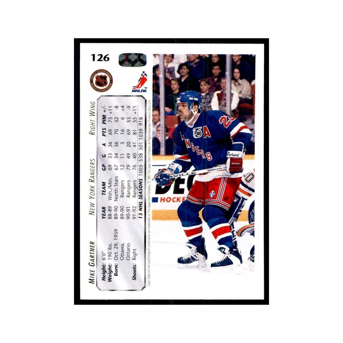 1992 Upper Deck Mike Gartner Hockey Cards #126