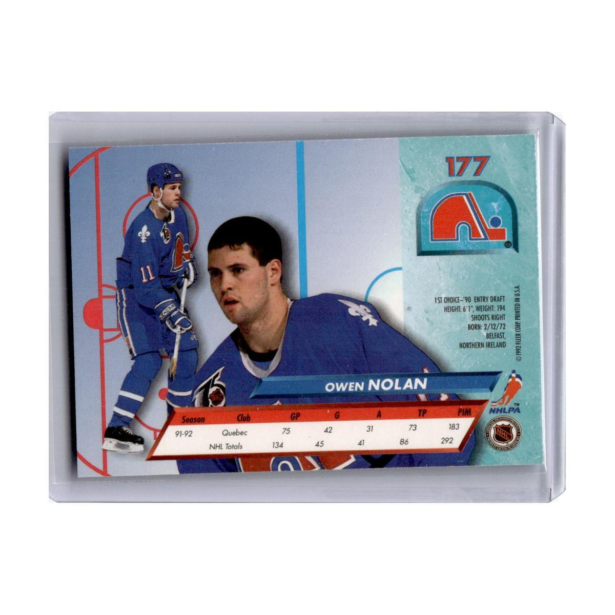 1992 Fleer Ultra Hockey Card Owen Nolan Quebec Nordiques #177