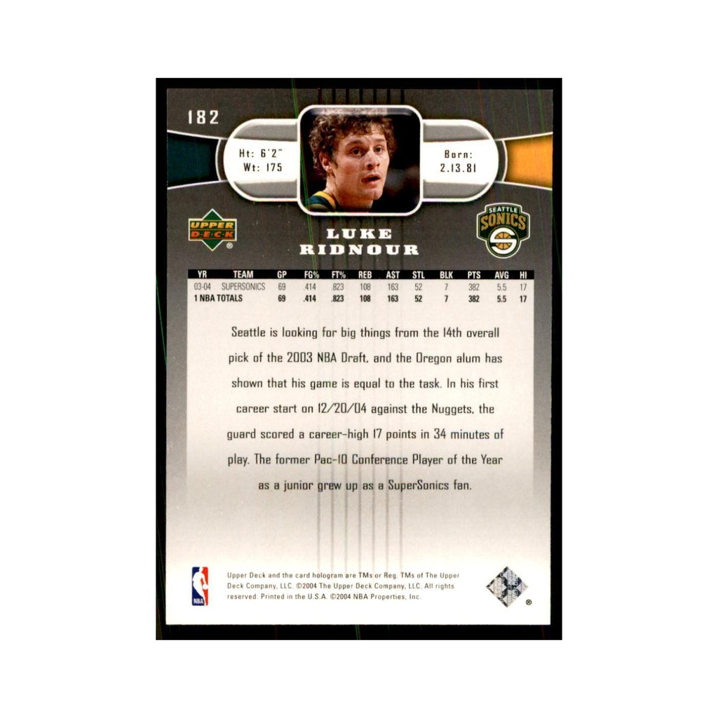 2004 Upper Deck Luke Ridnour Seattle SuperSonics #182