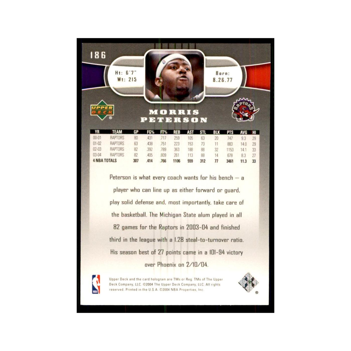 2004 Upper Deck Morris Peterson Raptors #186