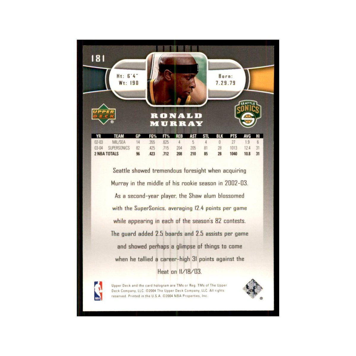 2004 Upper Deck Ronald Murray Seattle SuperSonics #181