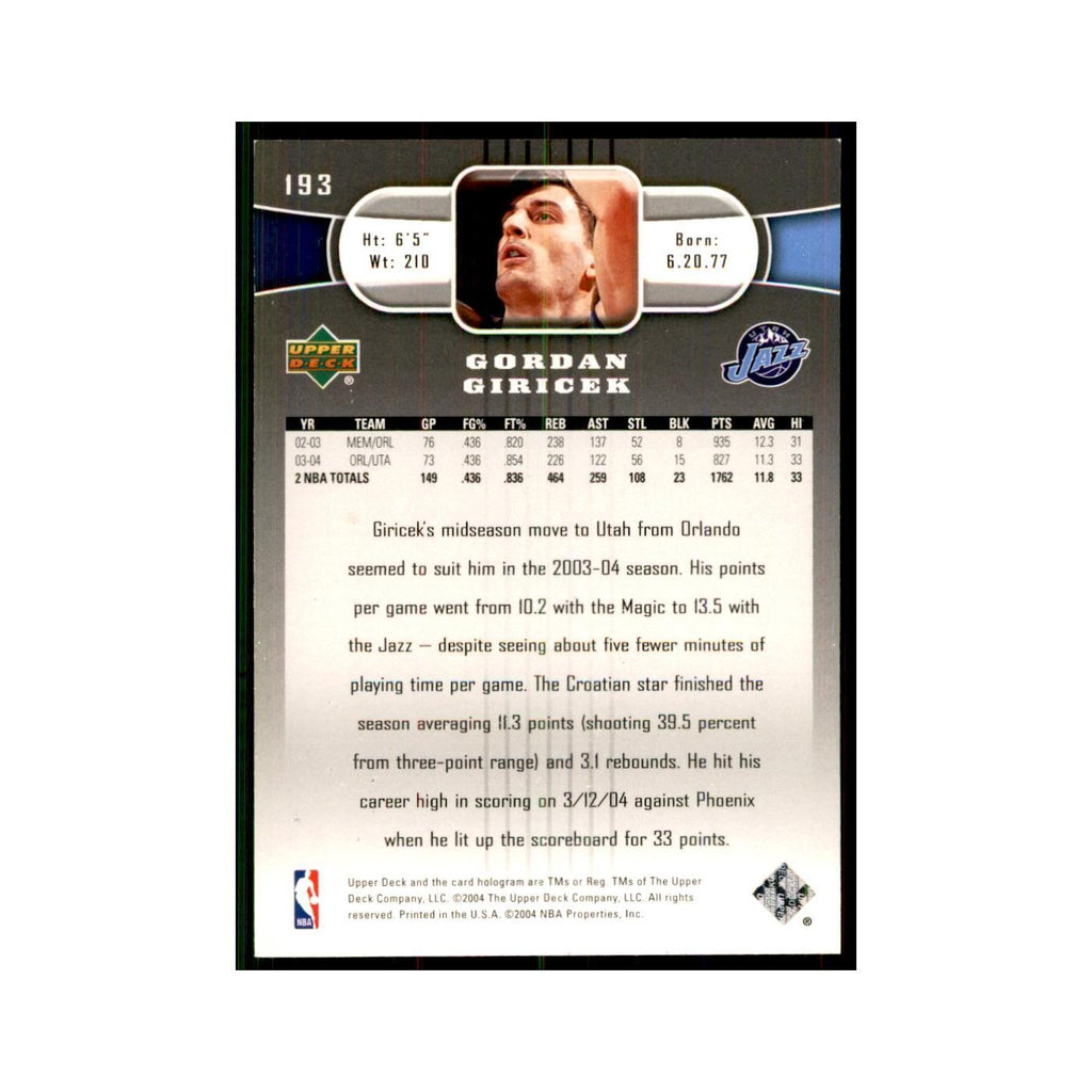 2004 Upper Deck Gordan Giricek Jazz #193