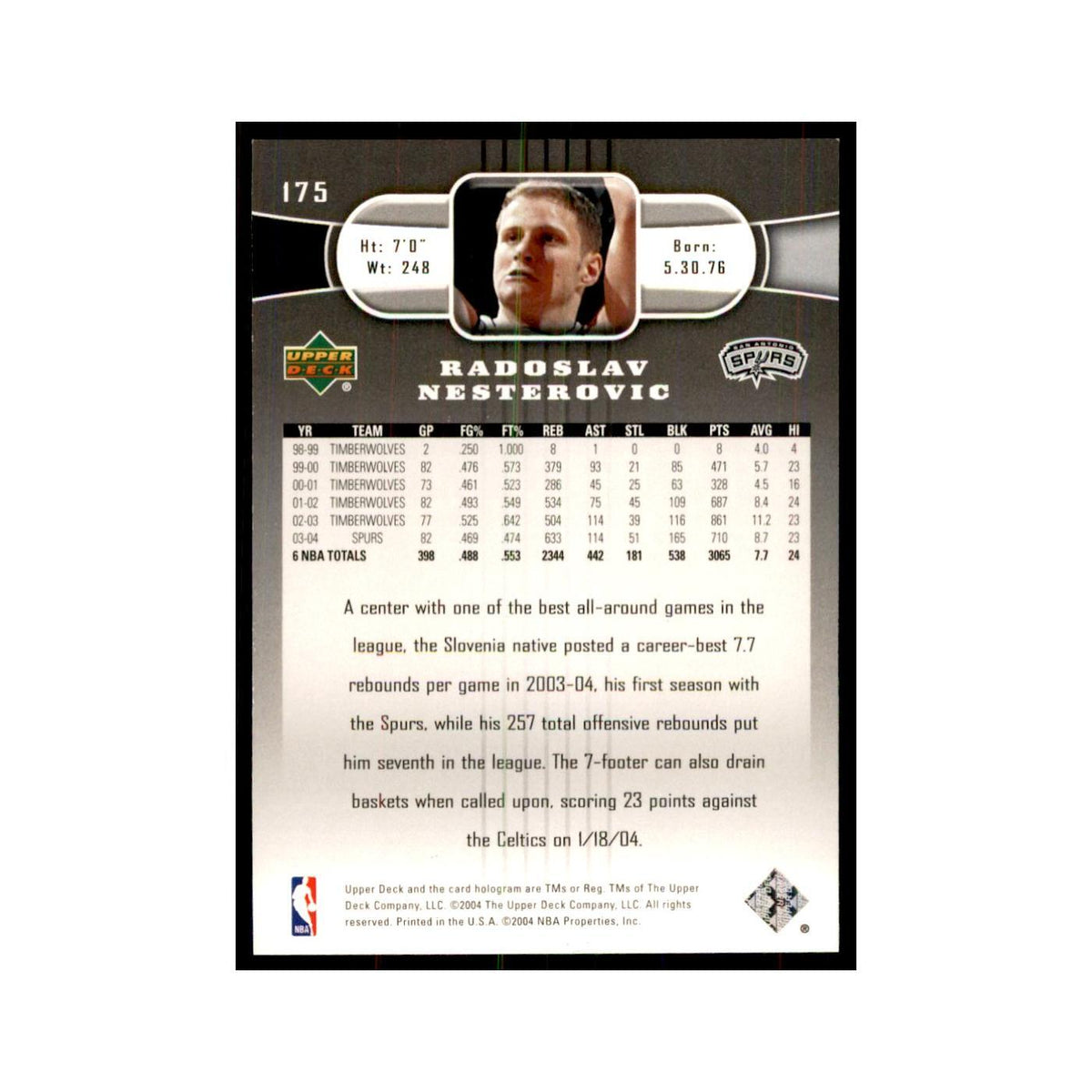 2004 Upper Deck Radoslav Nesterovic Spurs #175