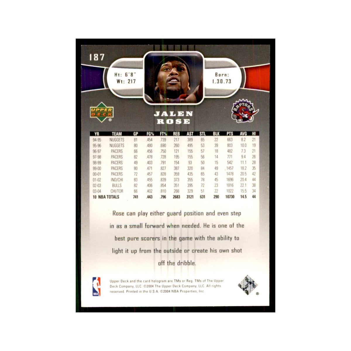 2004 Upper Deck Jalen Rose Raptors #187