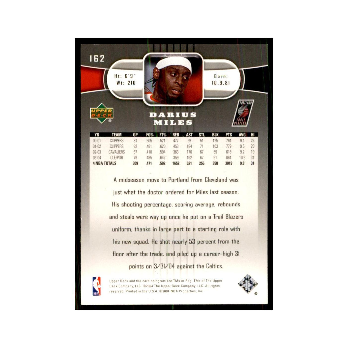 2004 Upper Deck Darius Miles Blazers #162