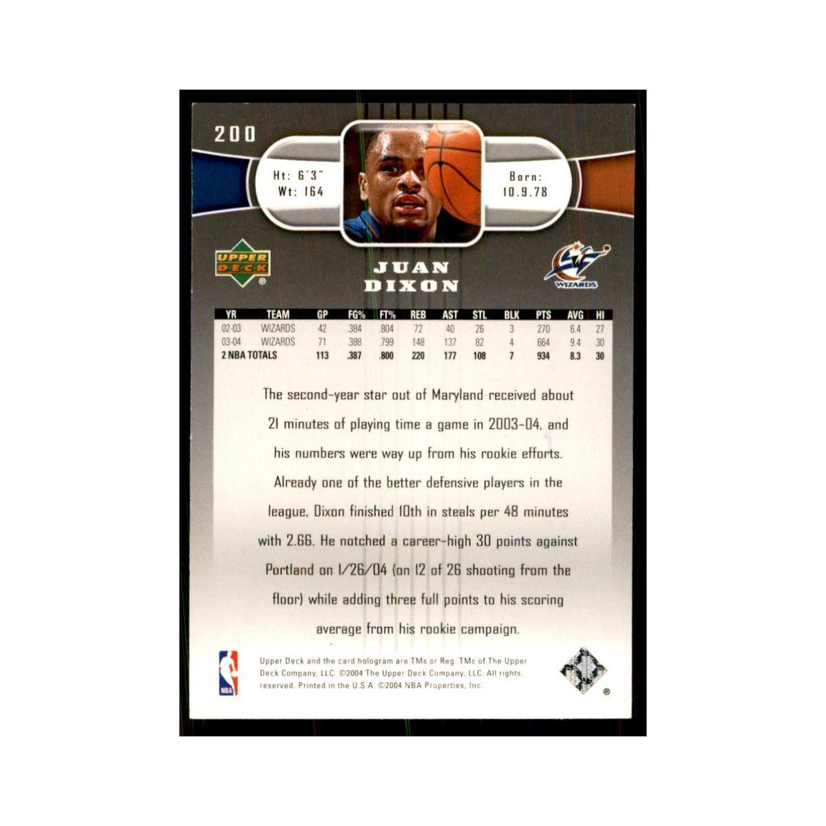 2004 Upper Deck Juan Dixon Wizards #200