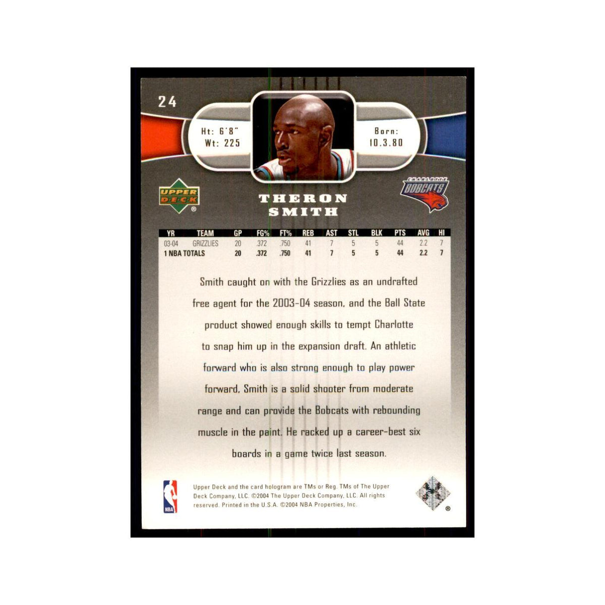 2004 Upper Deck Theron Smith Charlotte Bobcats #24