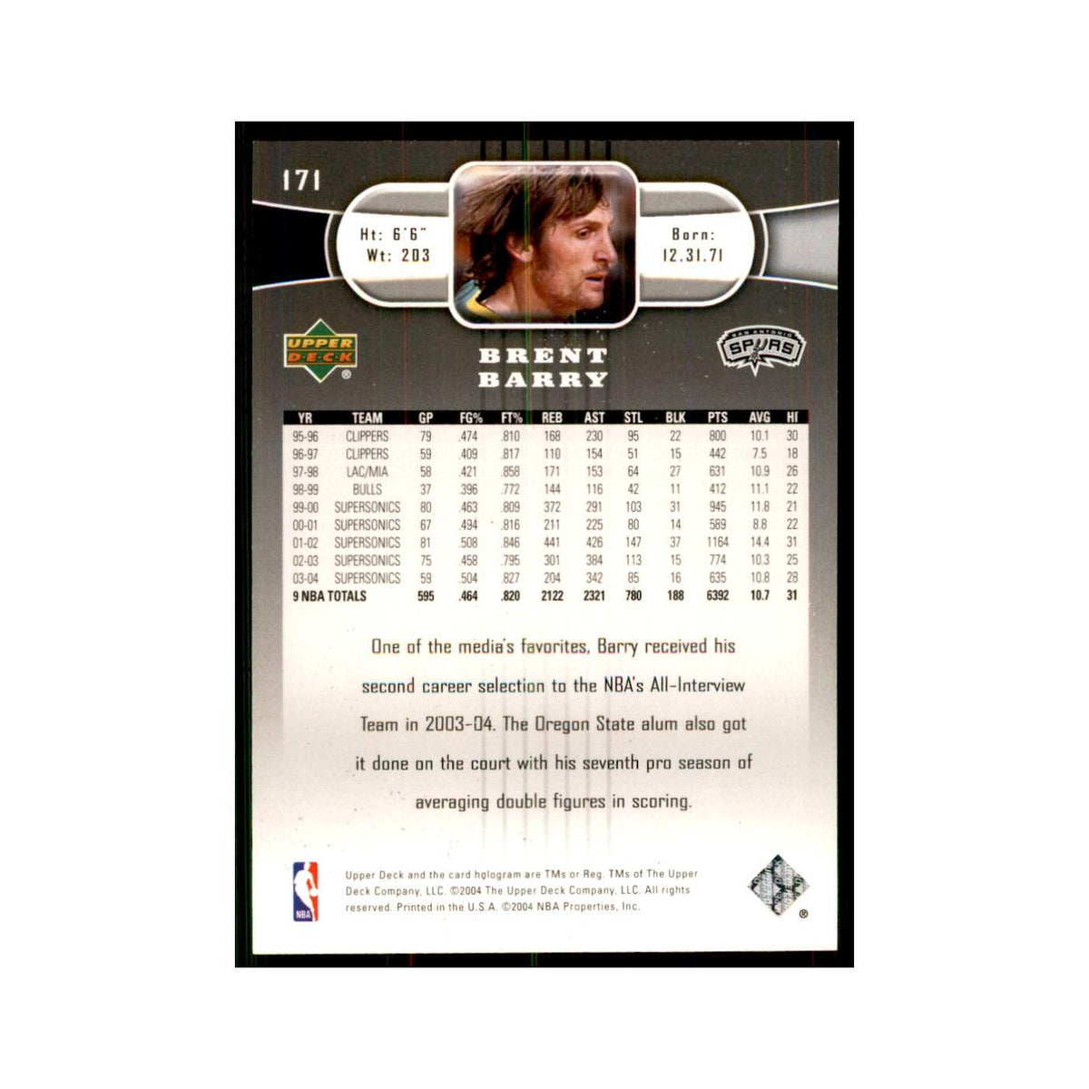 2004 Upper Deck Brent Barry Spurs #171