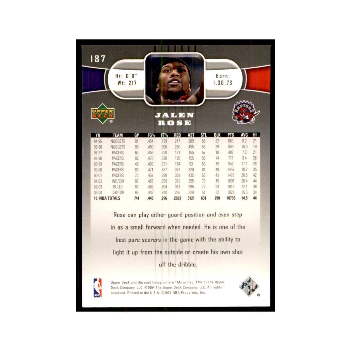 2004 Upper Deck Jalen Rose Raptors #187