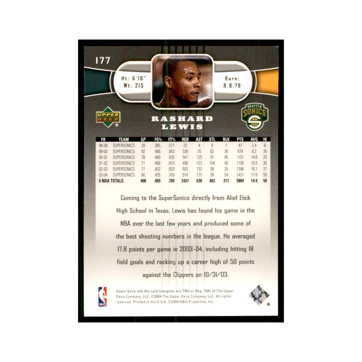 2004 Upper Deck Rashard Lewis Seattle SuperSonics #177