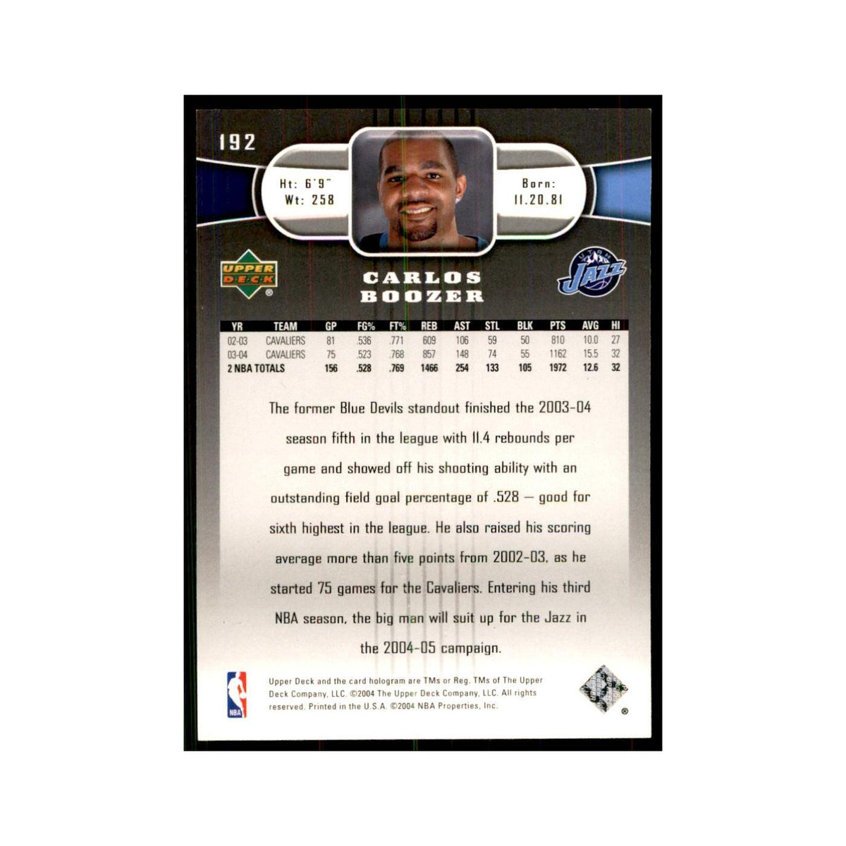 2004 Upper Deck Carlos Boozer Jazz #192