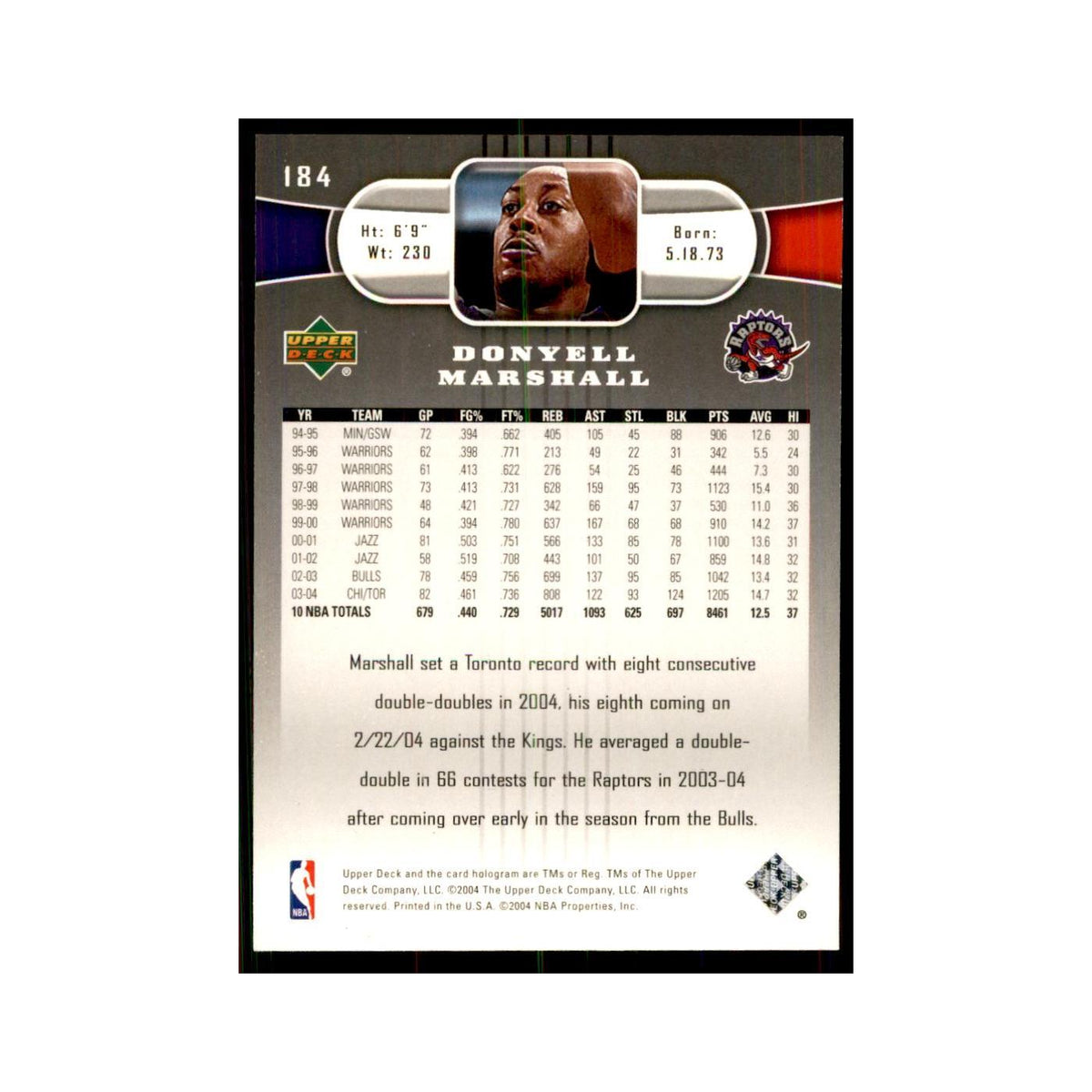 2004 Upper Deck Donyell Marshall Raptors #184