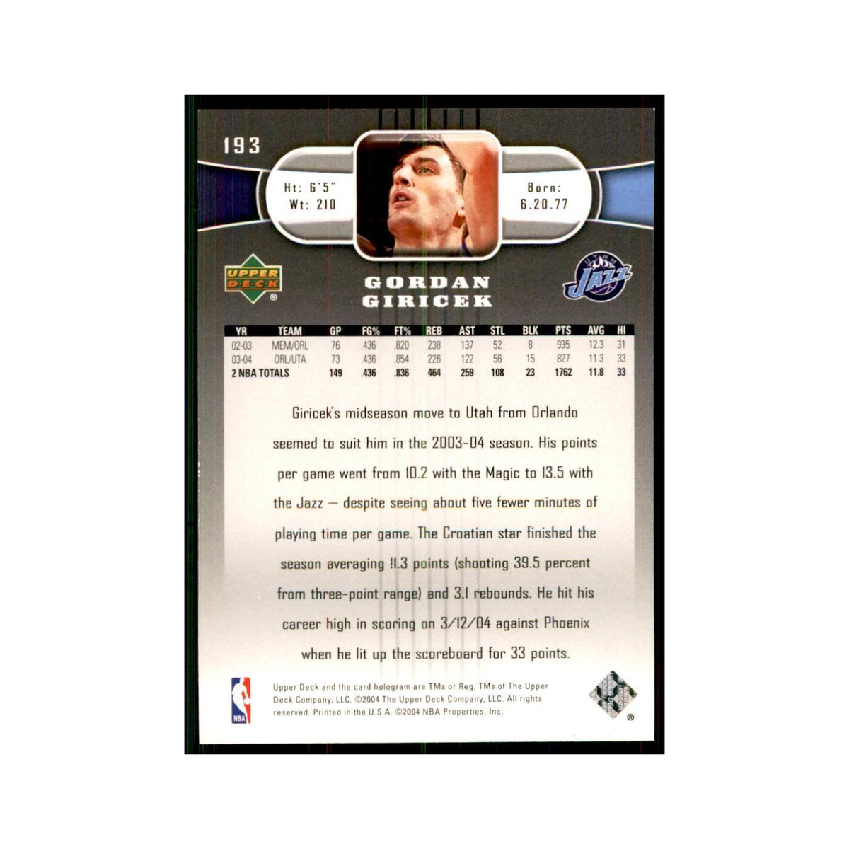 2004 Upper Deck Gordan Giricek Jazz #193