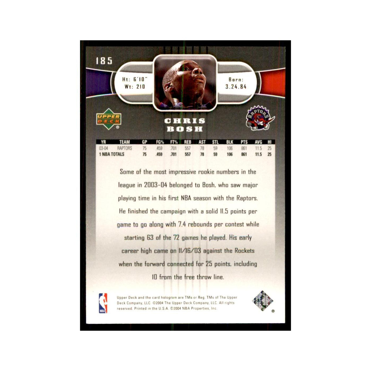 2004 Upper Deck Chris Bosh Raptors #185