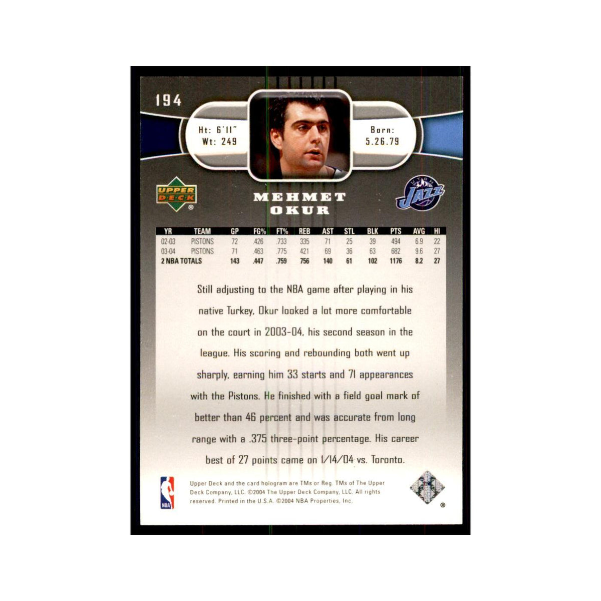 2004 Upper Deck Mehmet Okur Jazz #194