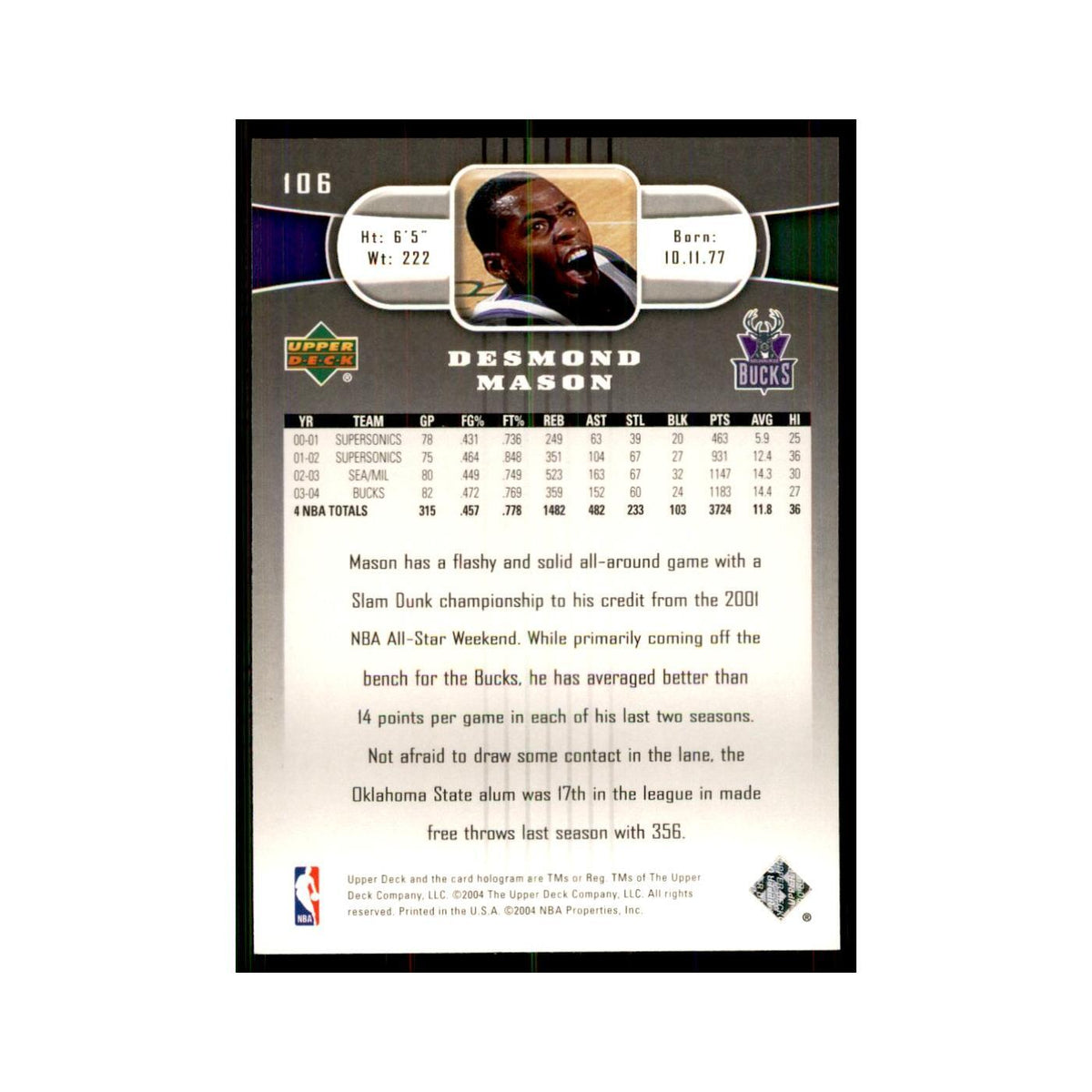 2004 Upper Deck Desmond Mason Bucks #106