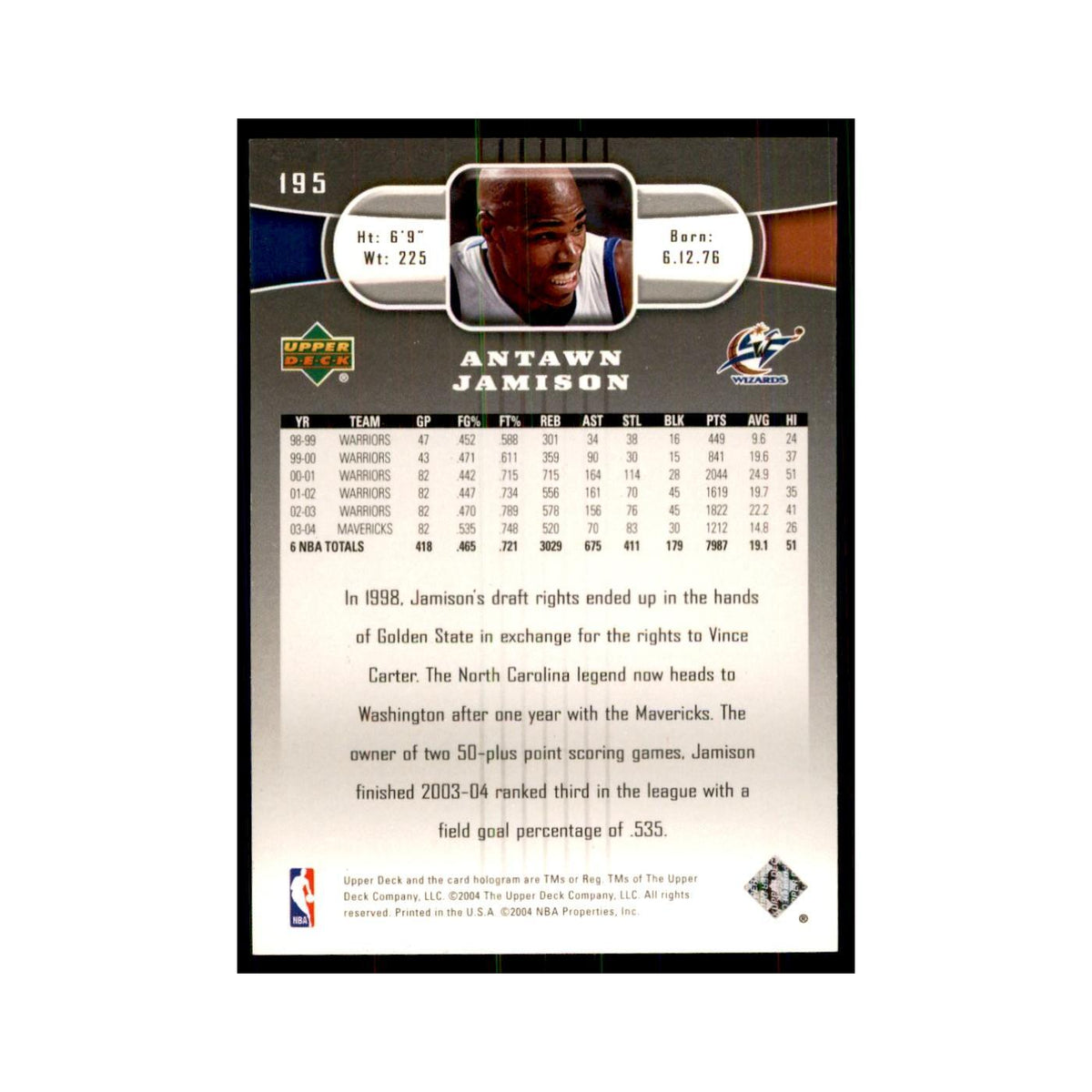 2004 Upper Deck Antawn Jamison Wizards #195