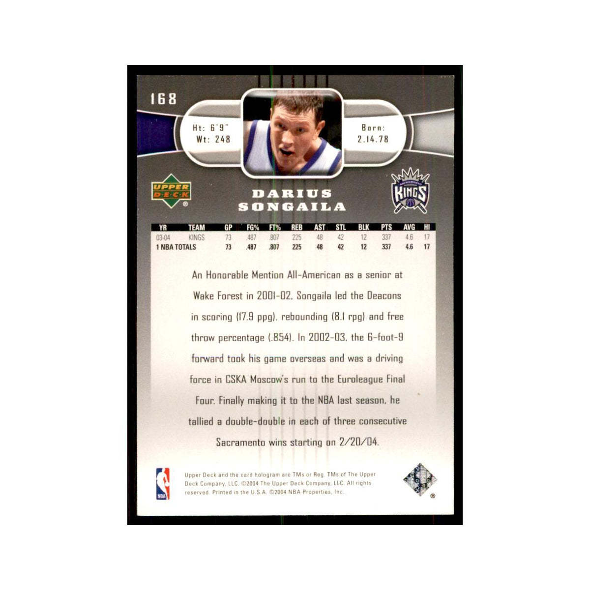 2004 Upper Deck Darius Songaila Kings #168