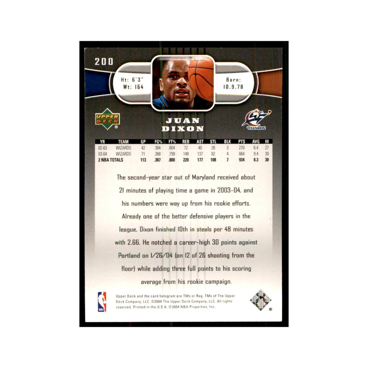 2004 Upper Deck Juan Dixon Wizards #200
