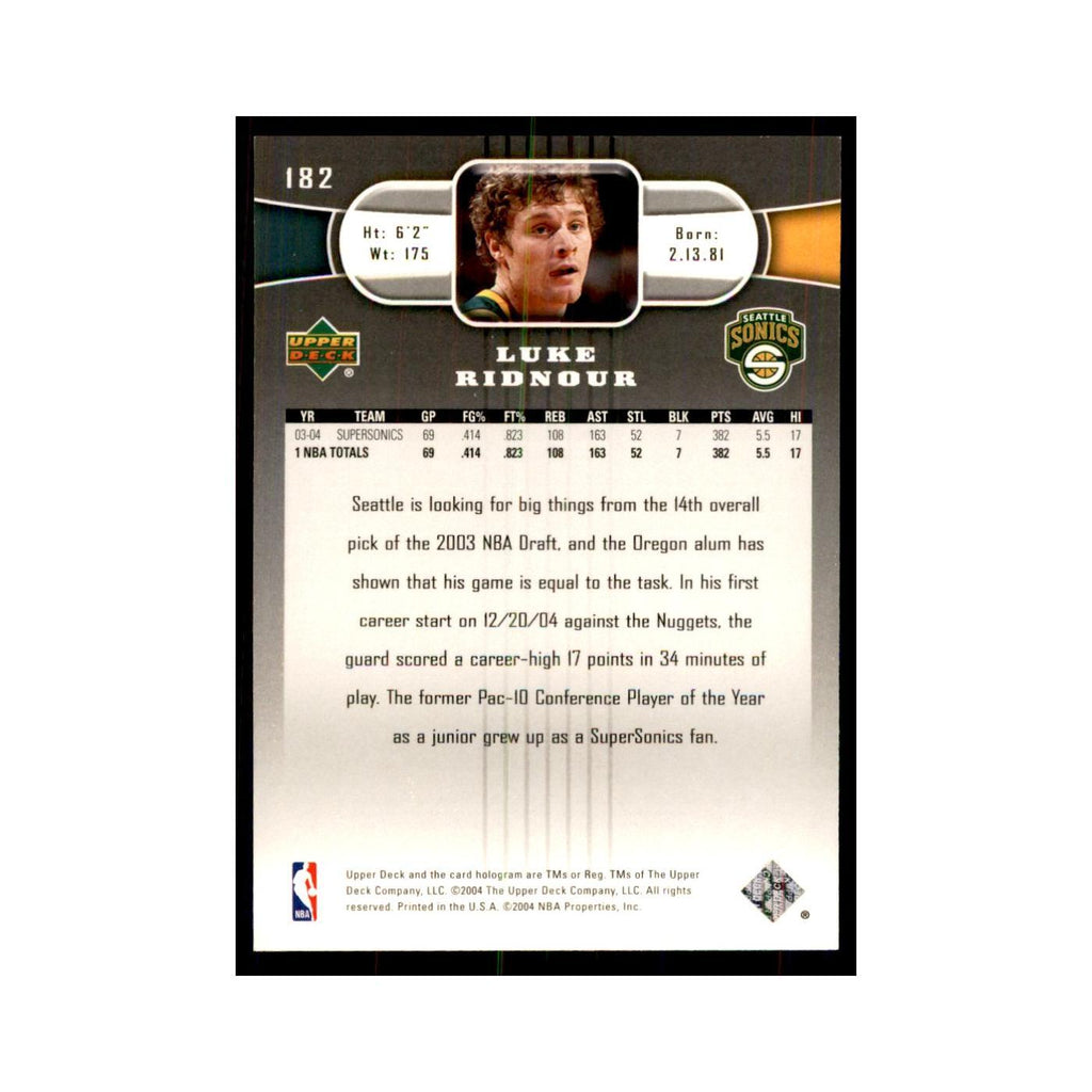 2004 Upper Deck Luke Ridnour Seattle SuperSonics #182