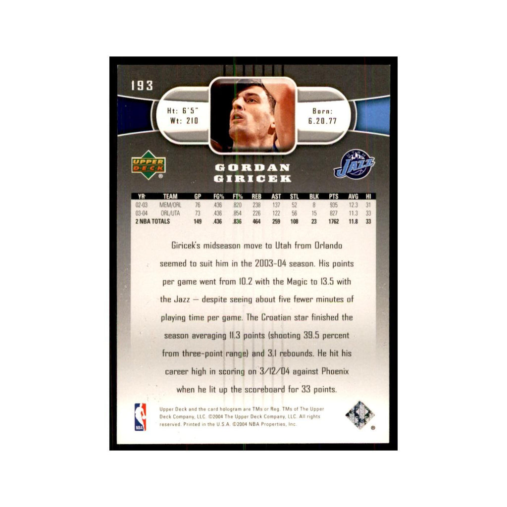 2004 Upper Deck Gordan Giricek Jazz #193