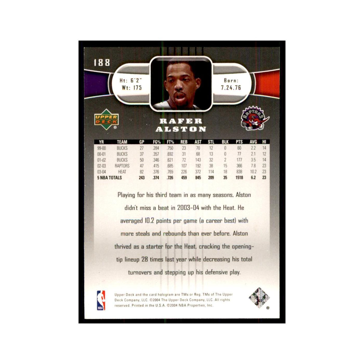 2004 Upper Deck Rafer Alston Raptors #188