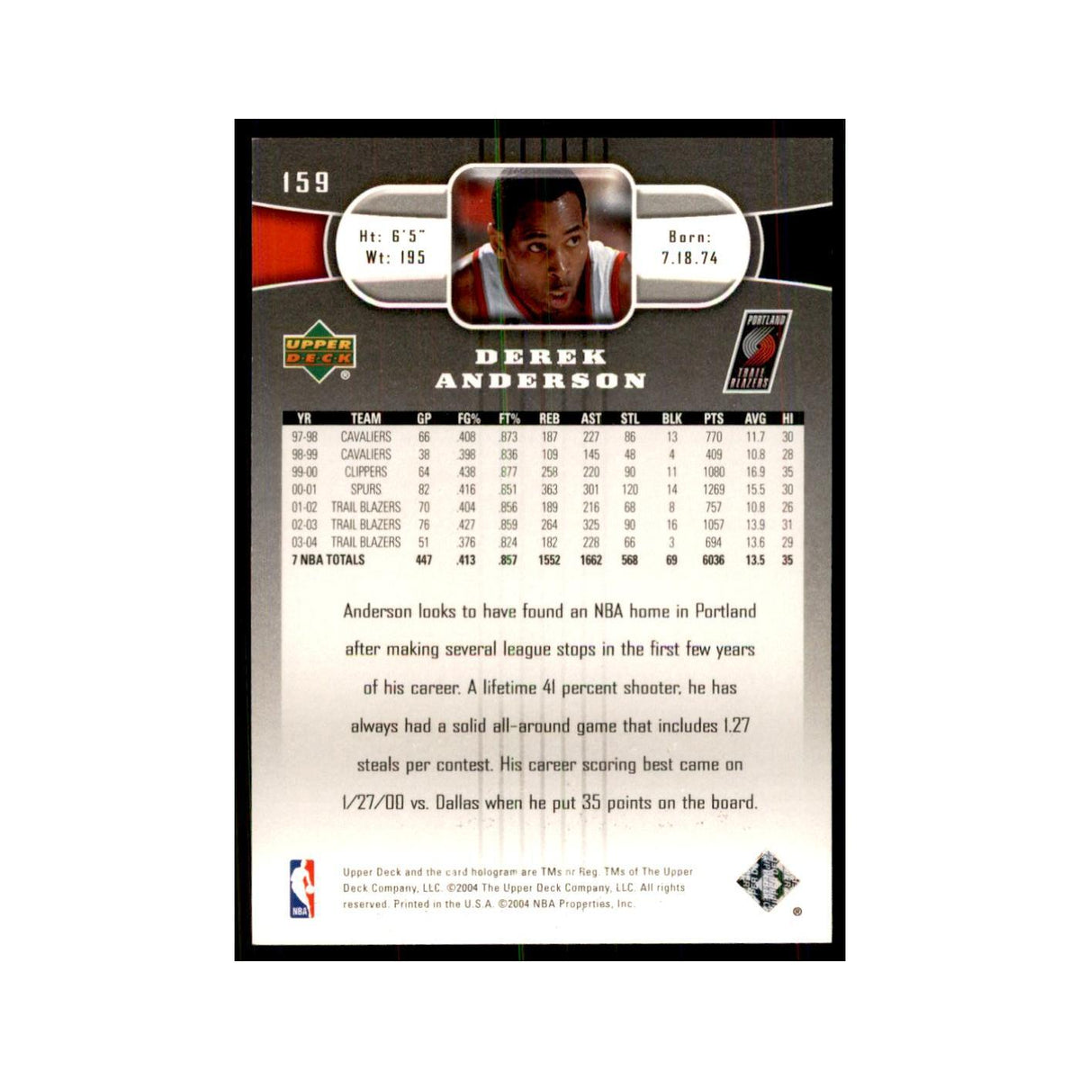 2004 Upper Deck Derek Anderson Blazers #159