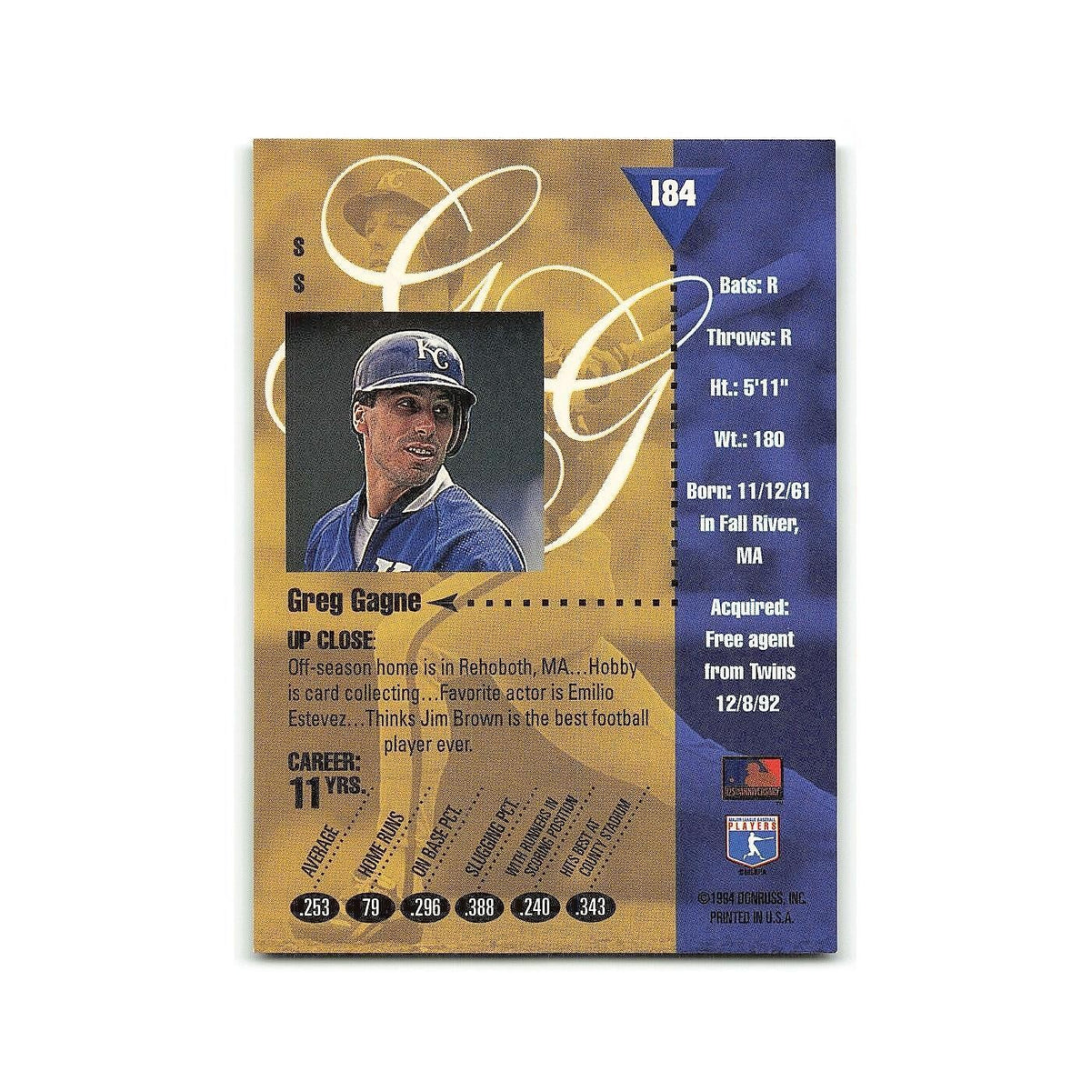 Greg Gagne 1994 Studio #184 Kansas City Royals Baseball Card NM